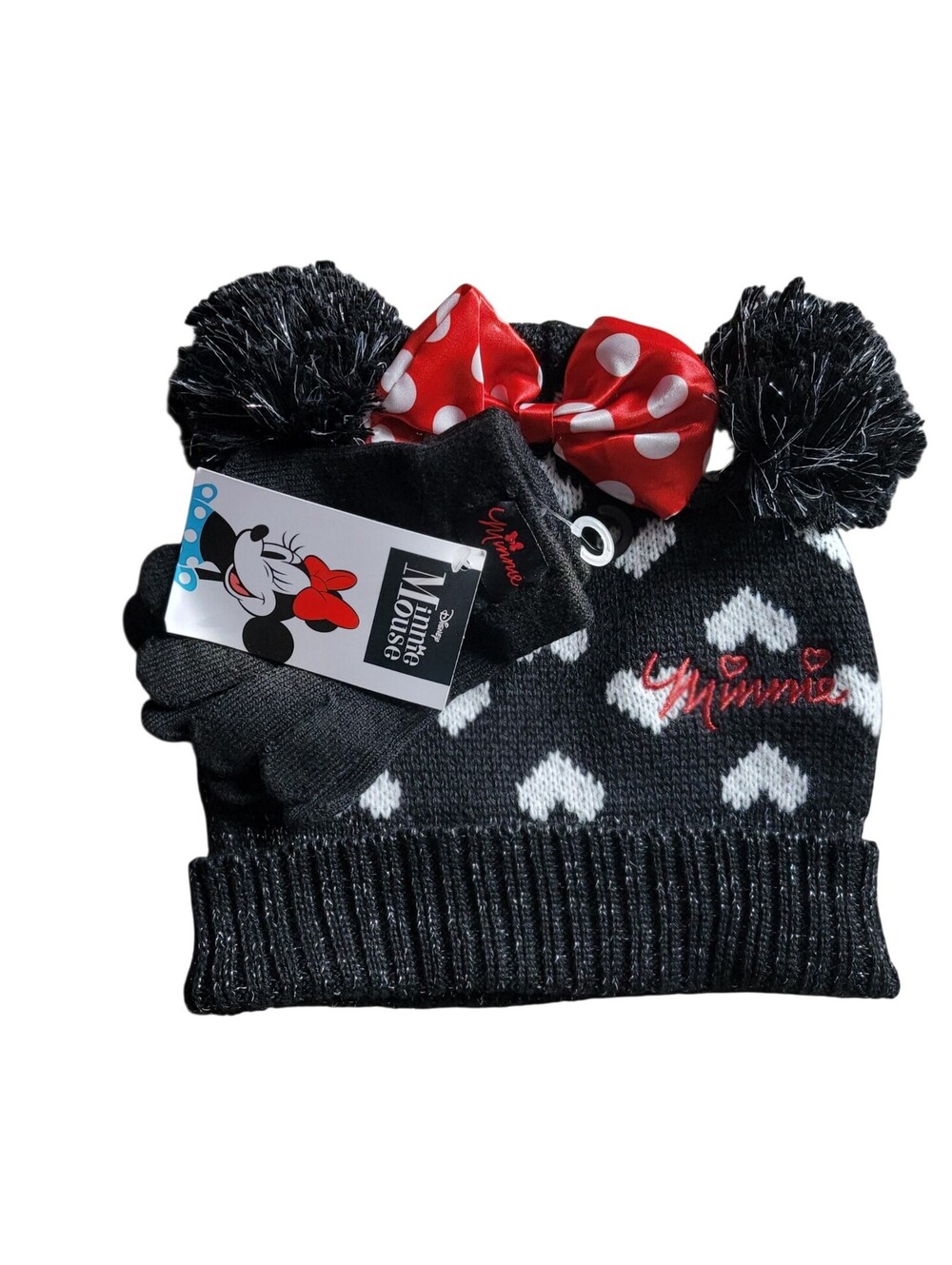 Disney Minnie Mouse Black and White Heart Knit Hat Pom Poms Matching Gloves